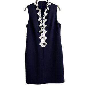 Vince Camuto Women's Dress 8 Navy Blue White Stritch Sheath Knee Length Zipper